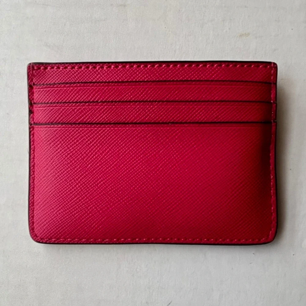 Kate Spade New York Pink Saffiano Leather Slim Card Holder Wallet Gold Logo
